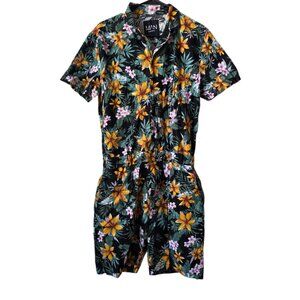 boohooMAN Floral Print Revere Collar Short Jumpsuit